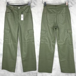 NWT Express High Waisted Vegan Leather Wide Leg Cargo Pants Raw Hem Green 00